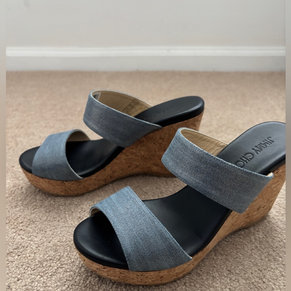 Jimmy Choo Denim Cork Blue Wedge Sandals, Parker 100
